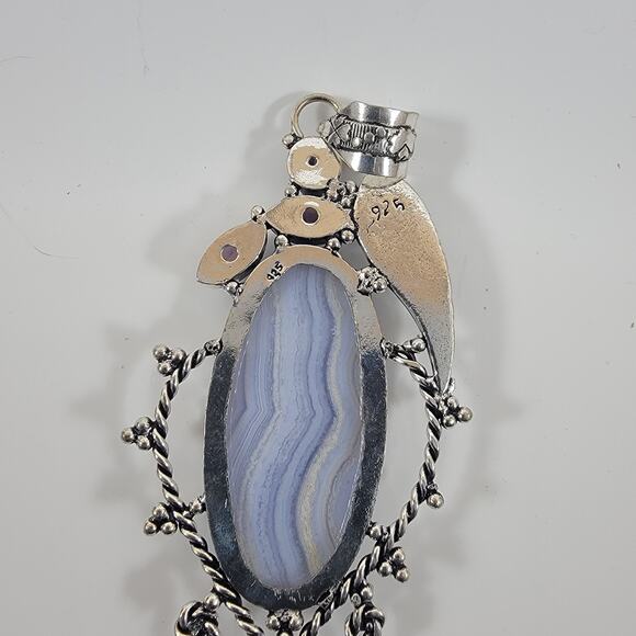 Handmade Silver Pendant with Blue Lace Agate and Amethyst - Picture 3 of 10